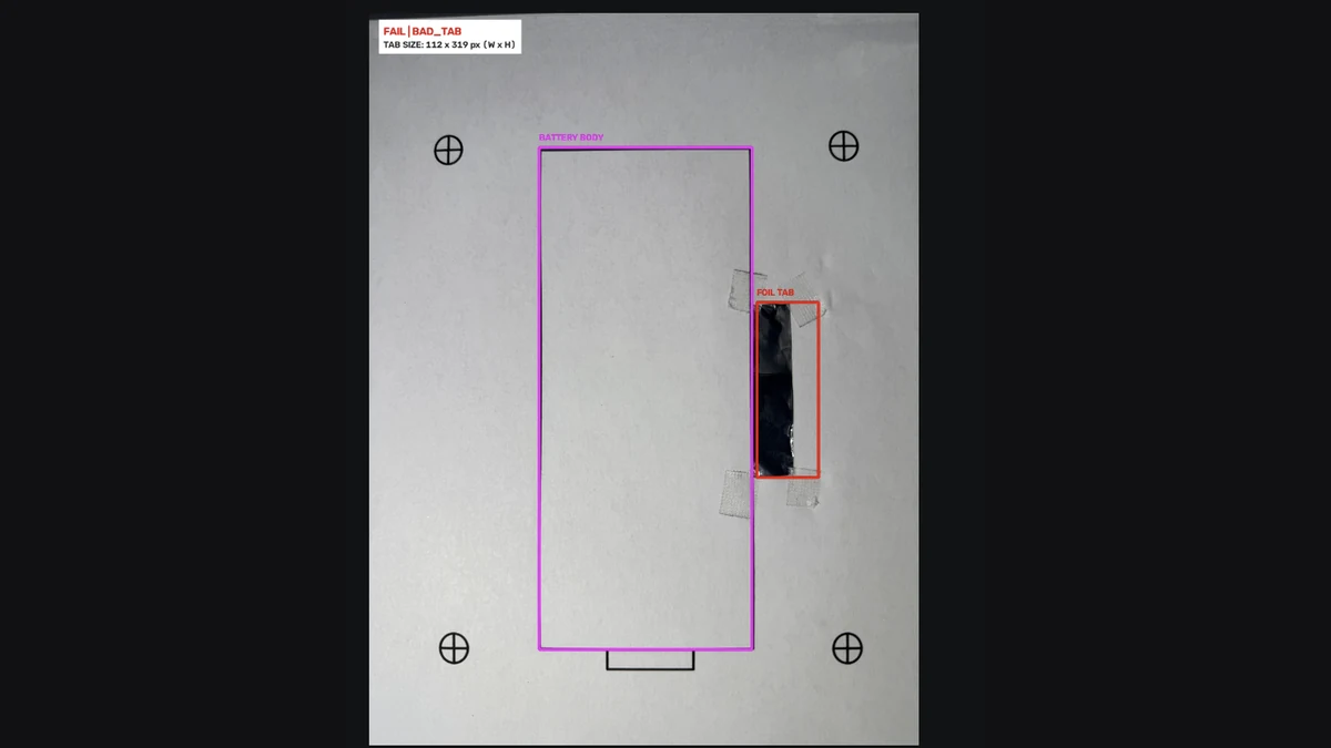 Annotated battery inspection image showing a detected battery body and foil tab classified as BAD_TAB