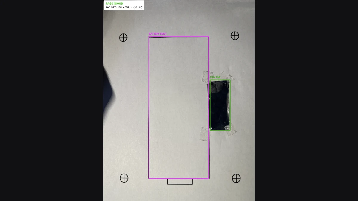 Annotated battery inspection image showing a detected battery body and foil tab classified as GOOD